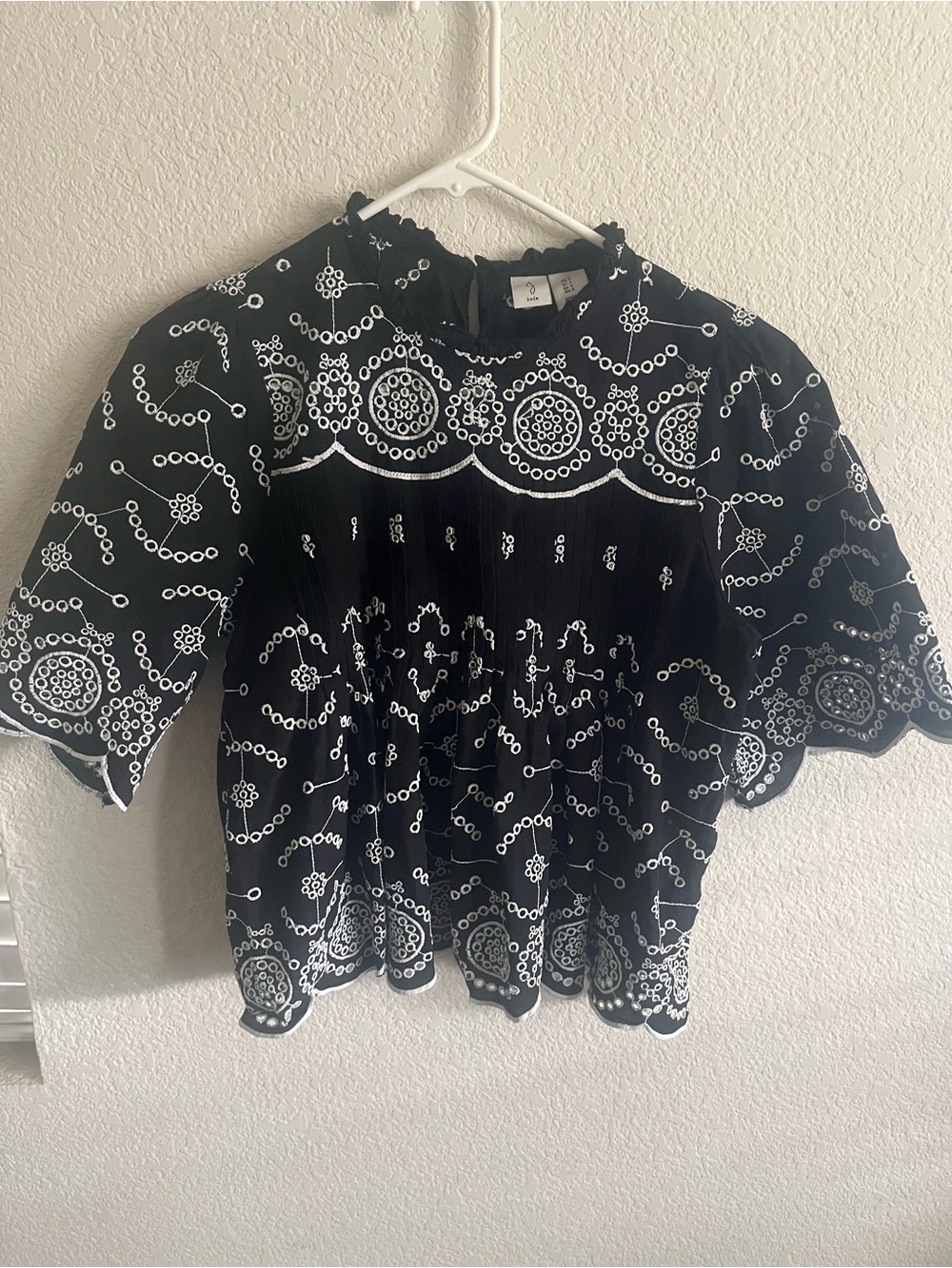Joie Black Blouse with White Circular Embroidery